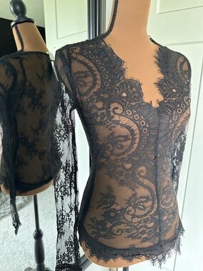 H&M Black Sheer Lace Long Sleeve Top Size 4 / EUR 36 NWT -B